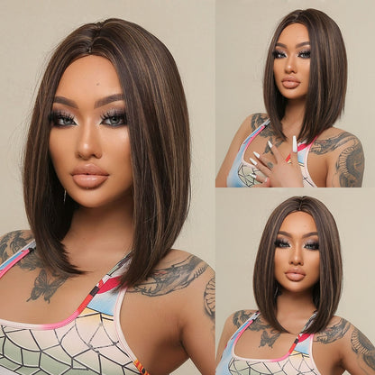 Short Black Bob Wig with Red Highlights, Middle Part lc2004-3 by HitMyNeed