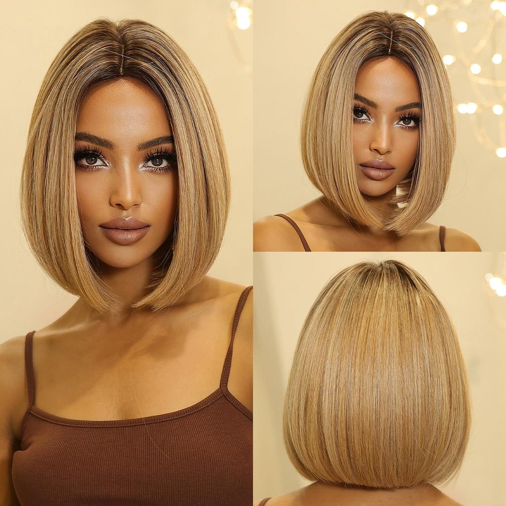 Short Black Bob Wig with Red Highlights, Middle Part lc2015-1 by HitMyNeed