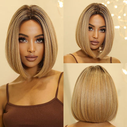 Short Black Bob Wig with Red Highlights, Middle Part lc2015-1 by HitMyNeed