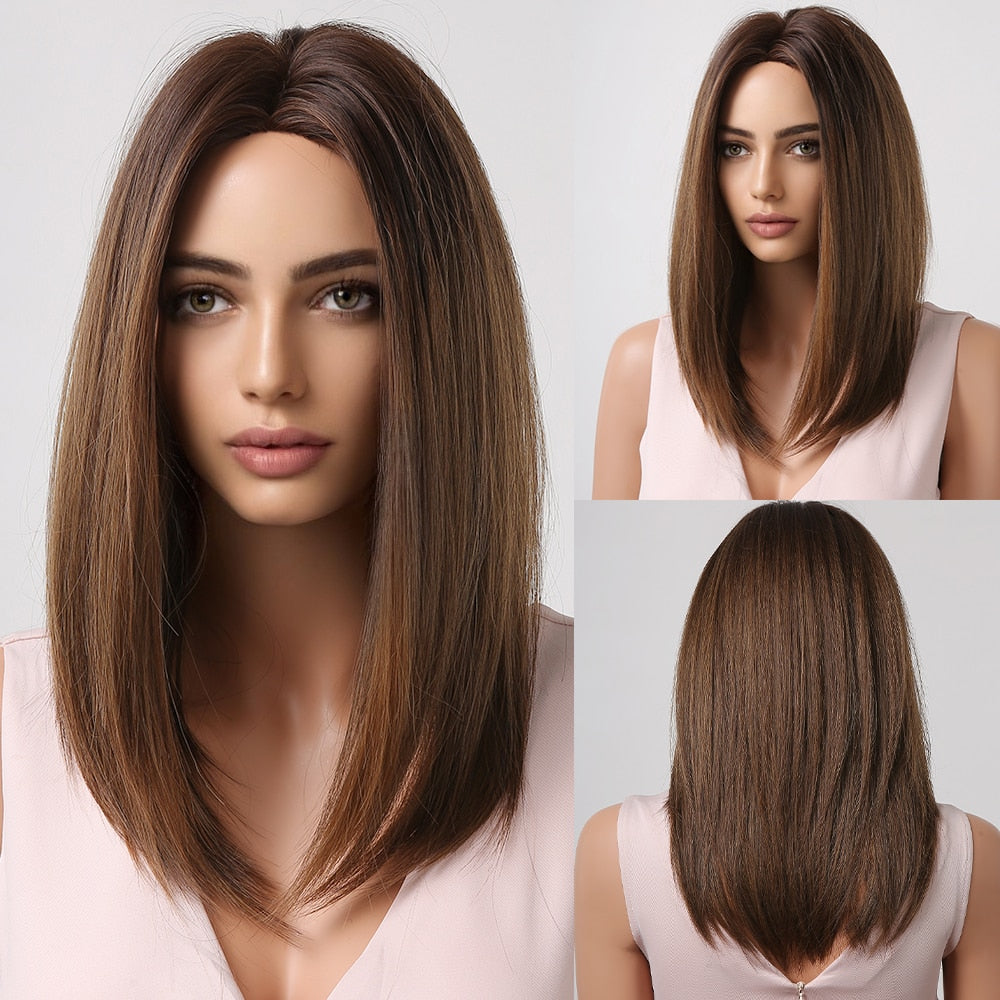Short Black Bob Wig with Red Highlights, Middle Part lc2022-1 by HitMyNeed