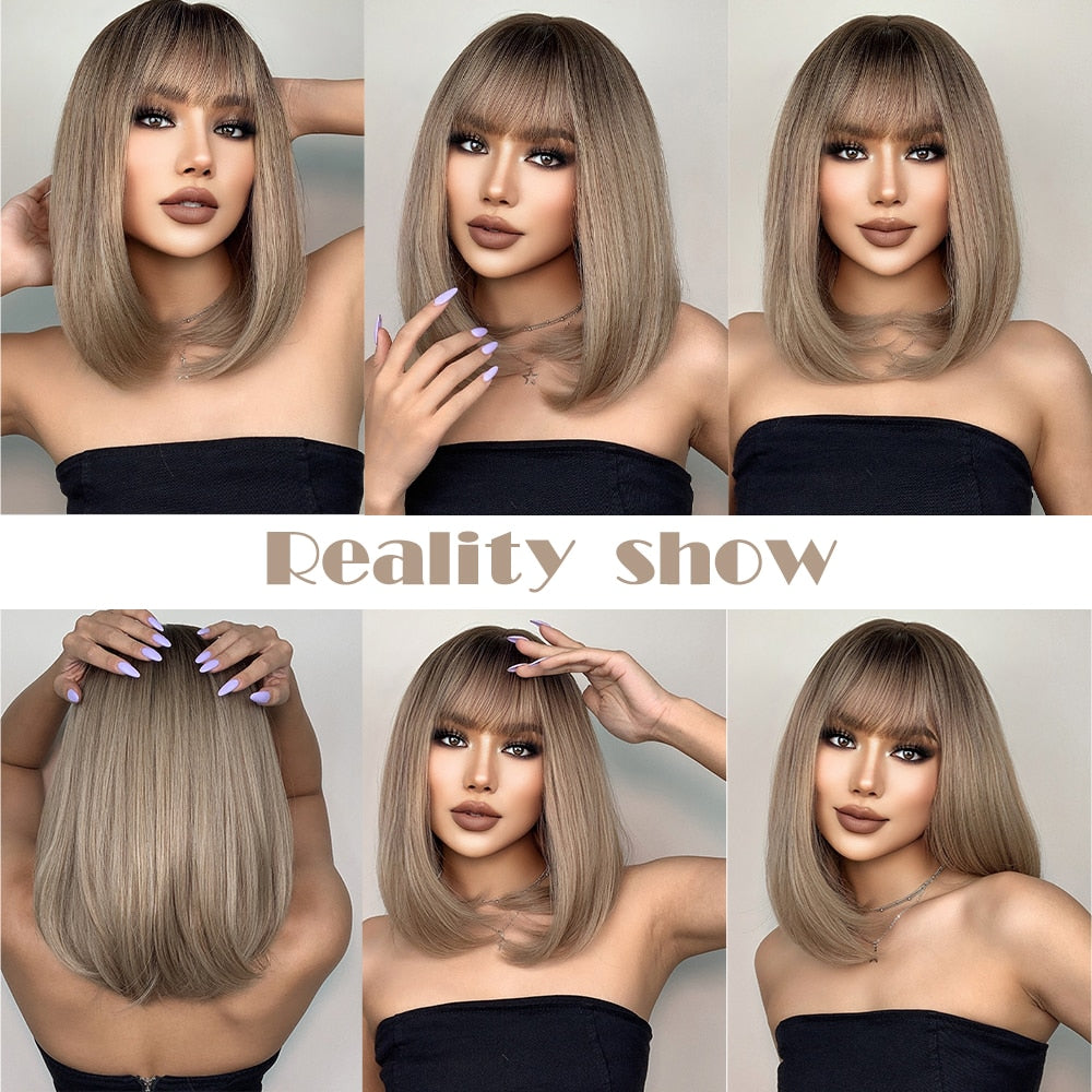 Short Golden Brown Bob Wig with Bangs - Heat Safe by HitMyNeed