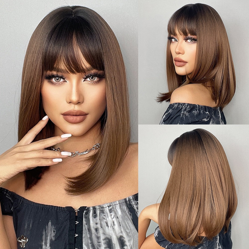 Short Golden Brown Bob Wig with Bangs - Heat Safe lc200-1 by HitMyNeed