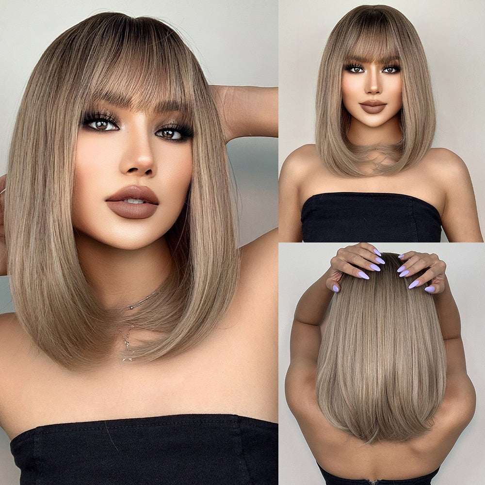 Short Golden Brown Bob Wig with Bangs - Heat Safe lc6082-1 by HitMyNeed