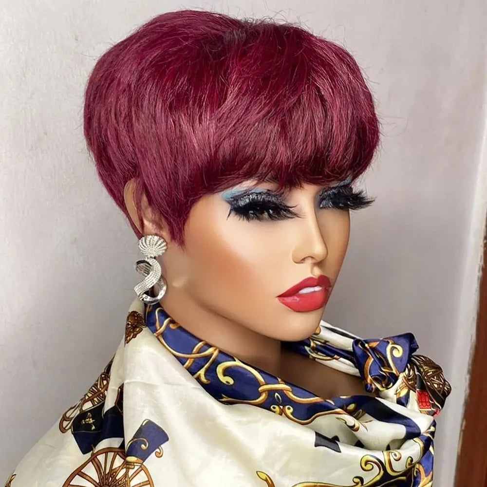 Short Pixie Cut Brazilian Human Hair Wig with Bangs 99j by HitMyNeed