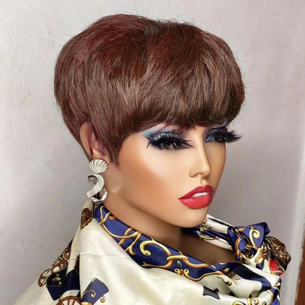 Short Pixie Cut Brazilian Human Hair Wig with Bangs chocolate-brown by HitMyNeed