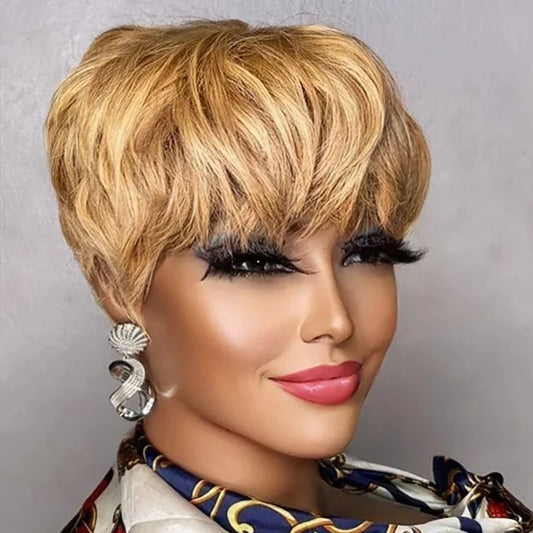 Short Pixie Cut Brazilian Human Hair Wig with Bangs light-brown by HitMyNeed