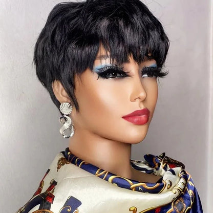 Short Pixie Cut Brazilian Human Hair Wig with Bangs natural-black by HitMyNeed