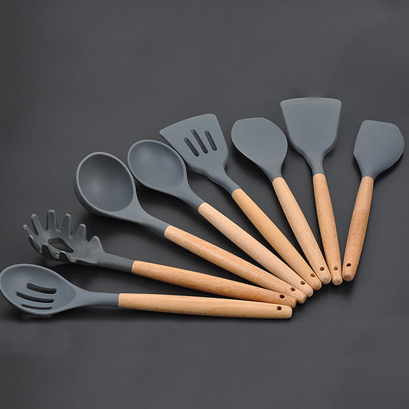 Silicone Cooking Utensils Set with Wooden Handles (8pc) by HitMyNeed