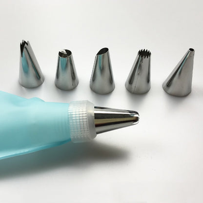 Silicone Piping Bag Set with 6 Stainless Steel Nozzles by HitMyNeed