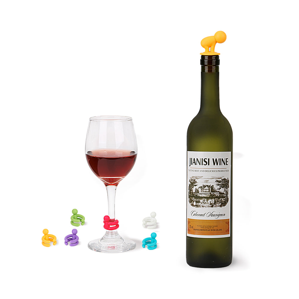 Silicone Wine Bottle Stopper with 6 Glass Markers by HitMyNeed