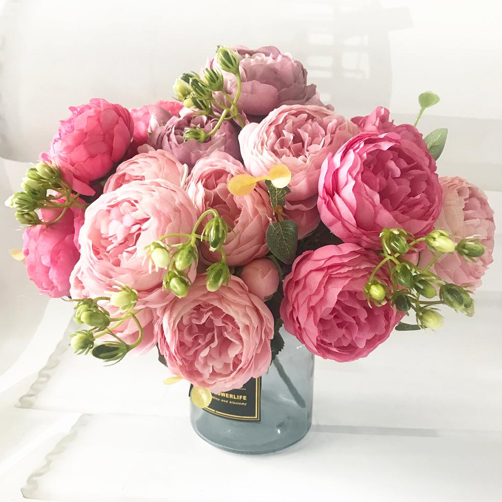 Silk Faux Peony Bouquet with Gypsophila, 30 cm by HitMyNeed