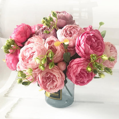 Silk Faux Peony Bouquet with Gypsophila, 30 cm by HitMyNeed