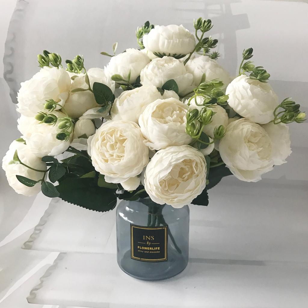 Silk Faux Peony Bouquet with Gypsophila, 30 cm by HitMyNeed