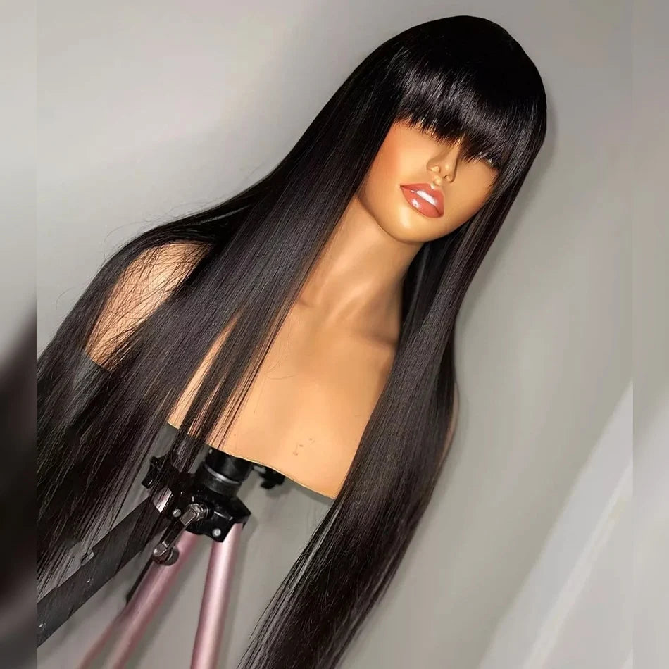 Silky Straight Human Hair Wig with Bangs 8-30 Inch 180% 26inches by HitMyNeed