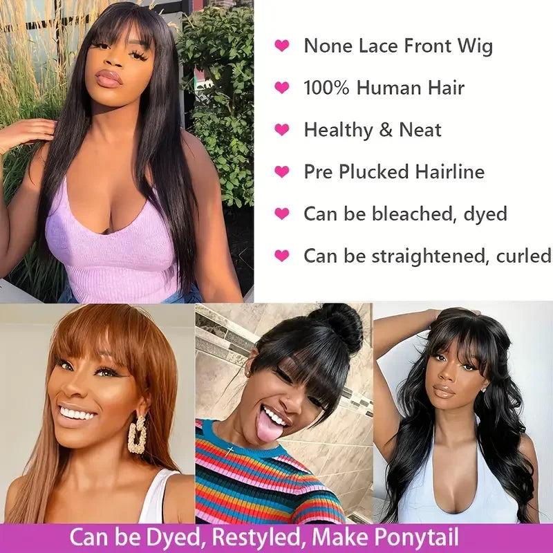 Silky Straight Human Hair Wig with Bangs 8-30 Inch 180% 28inches by HitMyNeed