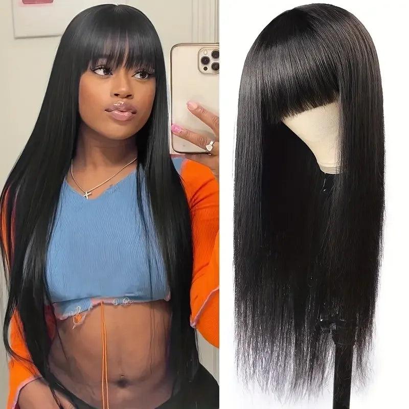 Silky Straight Human Hair Wig with Bangs 8-30 Inch 180% 30inches by HitMyNeed