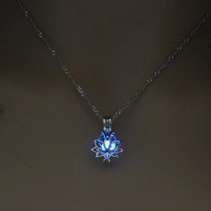 Silver Luminous Lotus Necklace with Glow-in-the-Dark Stone by HitMyNeed