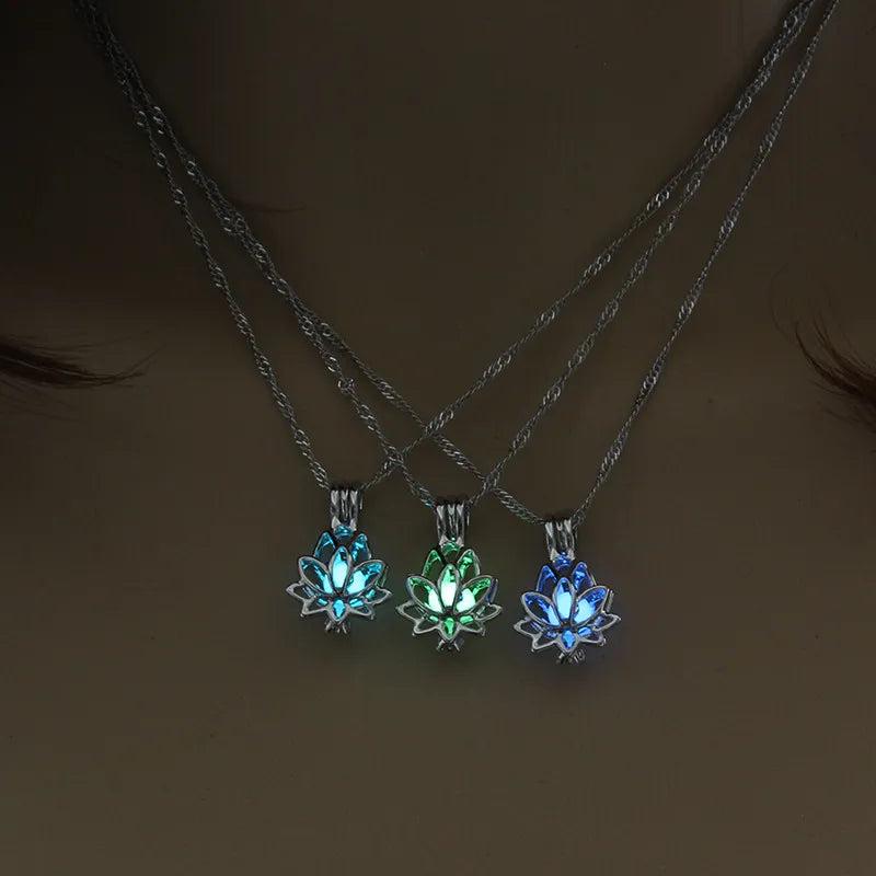 Silver Luminous Lotus Necklace with Glow-in-the-Dark Stone by HitMyNeed