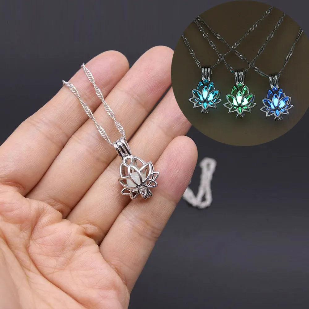 Silver Luminous Lotus Necklace with Glow-in-the-Dark Stone by HitMyNeed