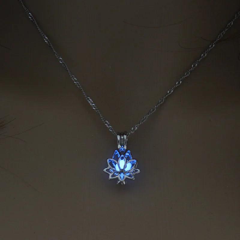 Silver Luminous Lotus Necklace with Glow-in-the-Dark Stone dark-blue by HitMyNeed
