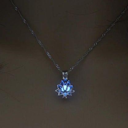 Silver Luminous Lotus Necklace with Glow-in-the-Dark Stone dark-blue by HitMyNeed