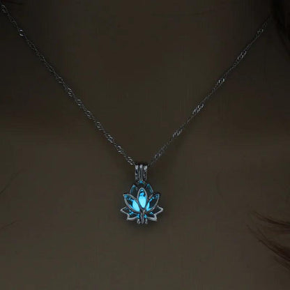 Silver Luminous Lotus Necklace with Glow-in-the-Dark Stone light-blue by HitMyNeed