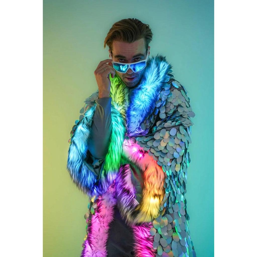Silver Sequin Faux Fur LED Luminous Men's Coat by HitMyNeed