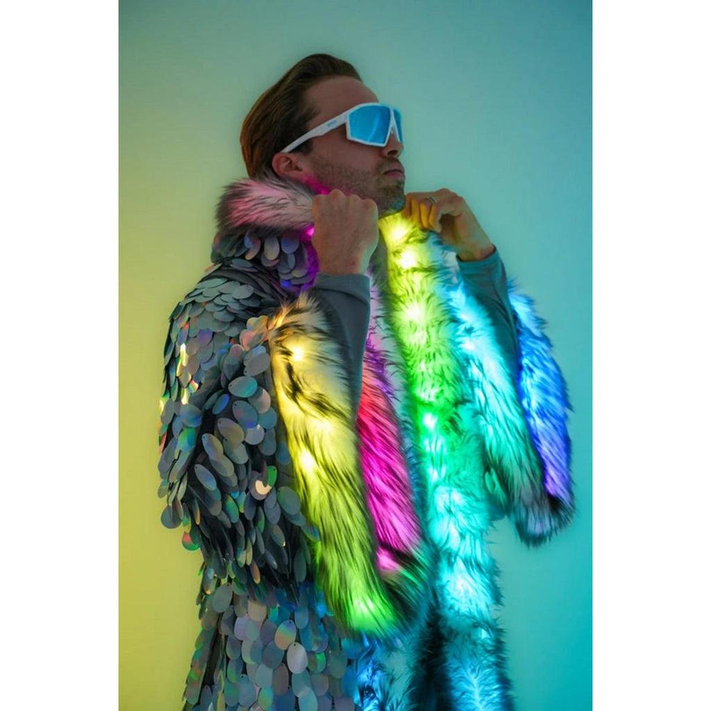 Silver Sequin Faux Fur LED Luminous Men's Coat by HitMyNeed