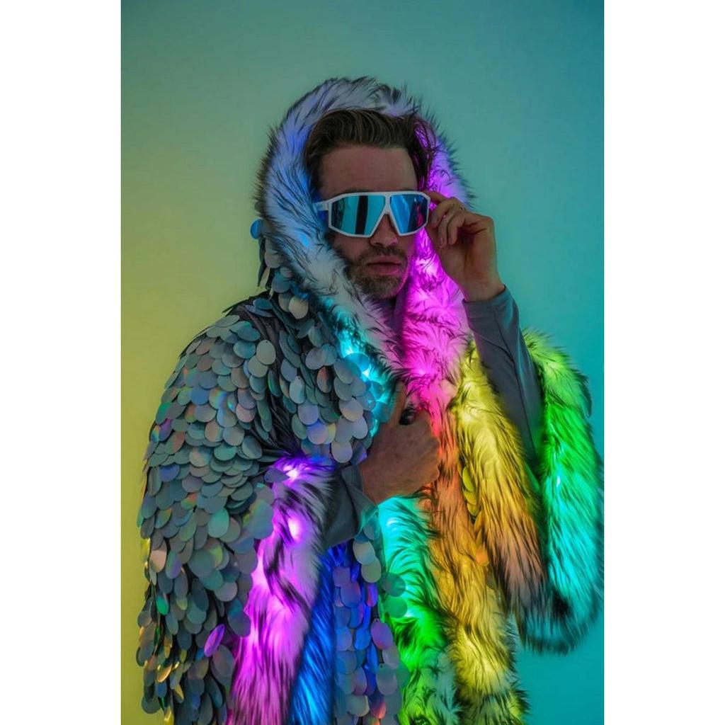 Silver Sequin Faux Fur LED Luminous Men's Coat by HitMyNeed