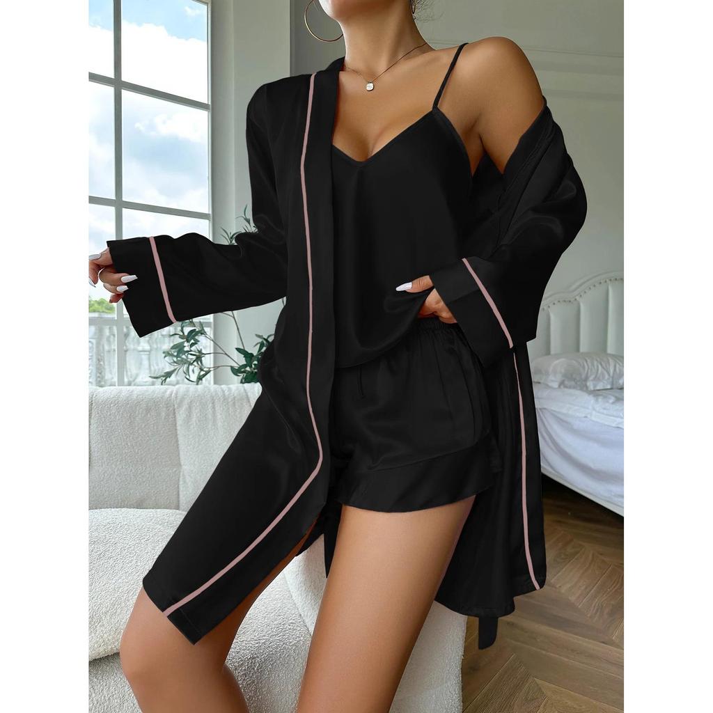 Simple Satin 3-Piece Women's Pajama & Robe Set black xl by HitMyNeed