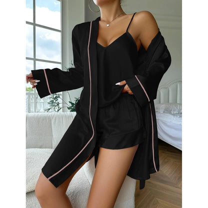 Simple Satin 3-Piece Women's Pajama & Robe Set black xl by HitMyNeed