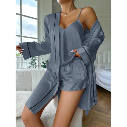 Simple Satin 3-Piece Women's Pajama & Robe Set gray s by HitMyNeed