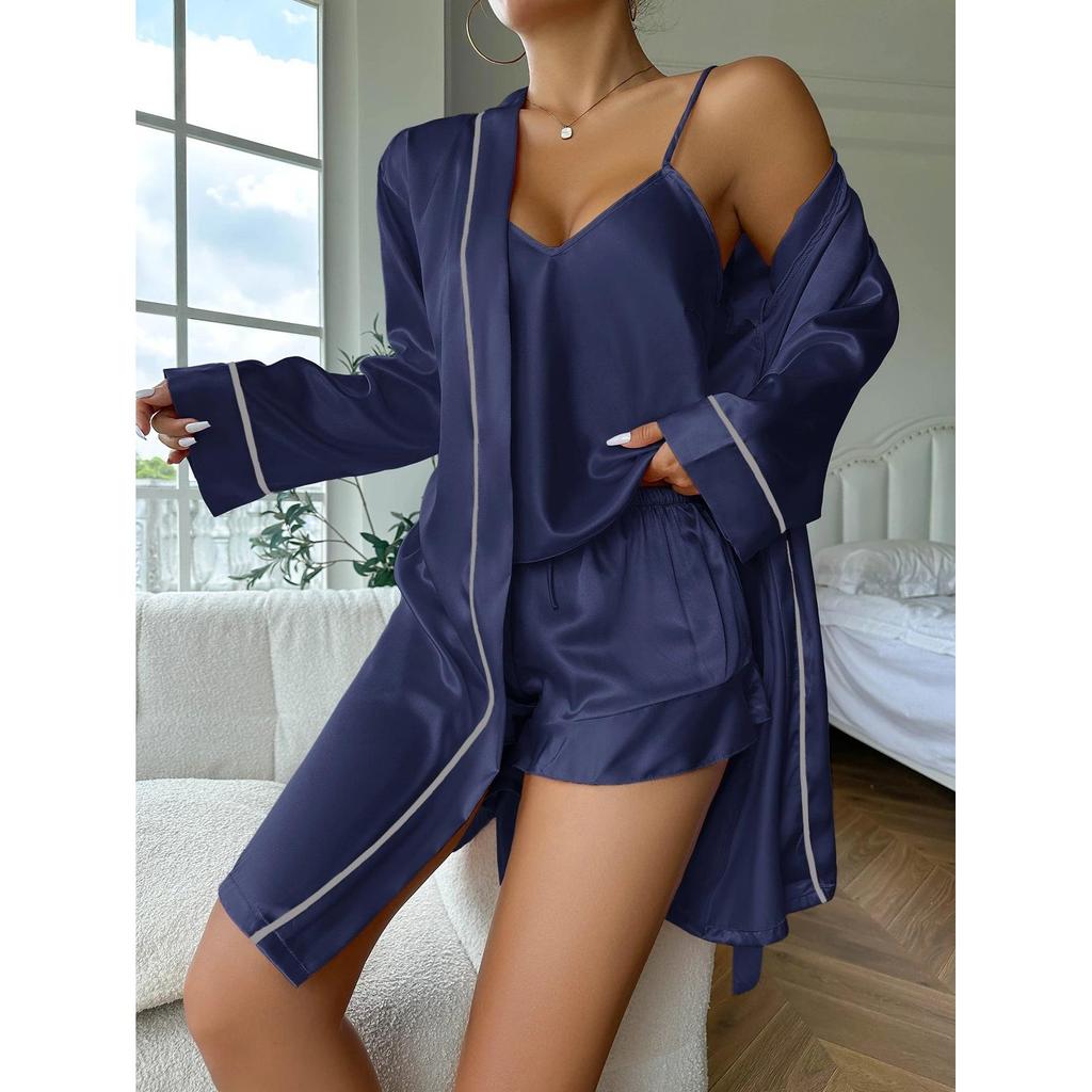 Simple Satin 3-Piece Women's Pajama & Robe Set navy s by HitMyNeed