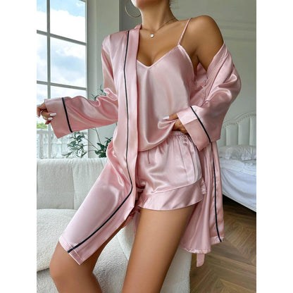 Simple Satin 3-Piece Women's Pajama & Robe Set pink s by HitMyNeed