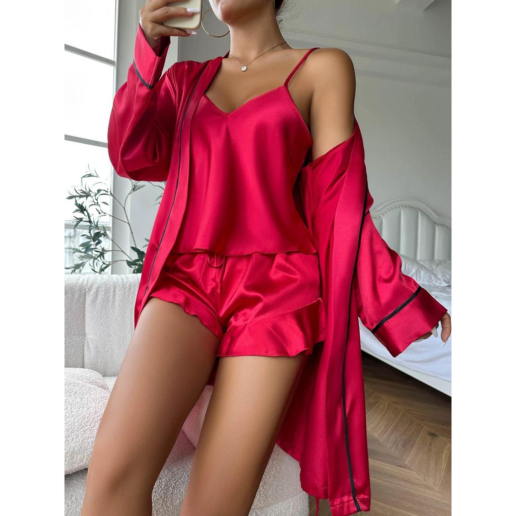 Simple Satin 3-Piece Women's Pajama & Robe Set red s by HitMyNeed
