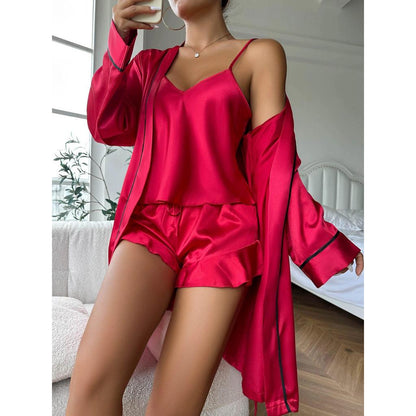 Simple Satin 3-Piece Women's Pajama & Robe Set red s by HitMyNeed