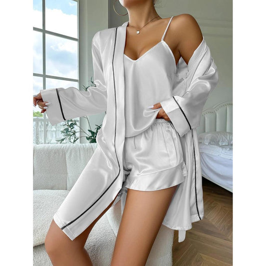Simple Satin 3-Piece Women's Pajama & Robe Set white xl by HitMyNeed