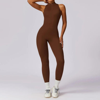 Sleeveless Women's Yoga Jumpsuit with Zipper brown xl by HitMyNeed
