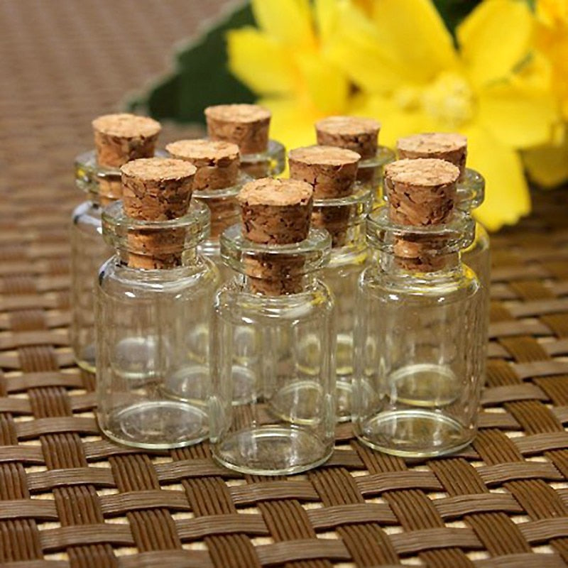 Small Glass Bottles with Cork Stoppers (Set of 10) by HitMyNeed