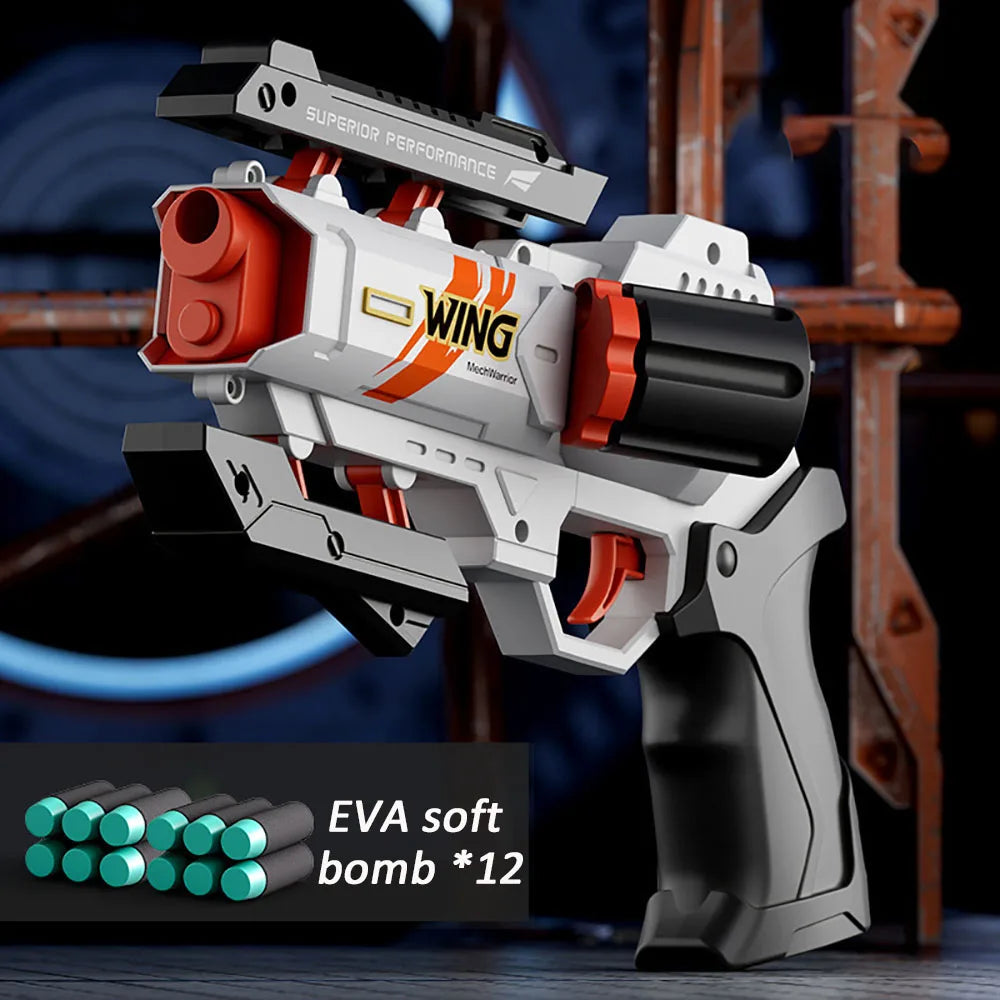 Soft Bullet Foam Toy Gun with EVA Darts & Revolver Mode white-and-black by HitMyNeed