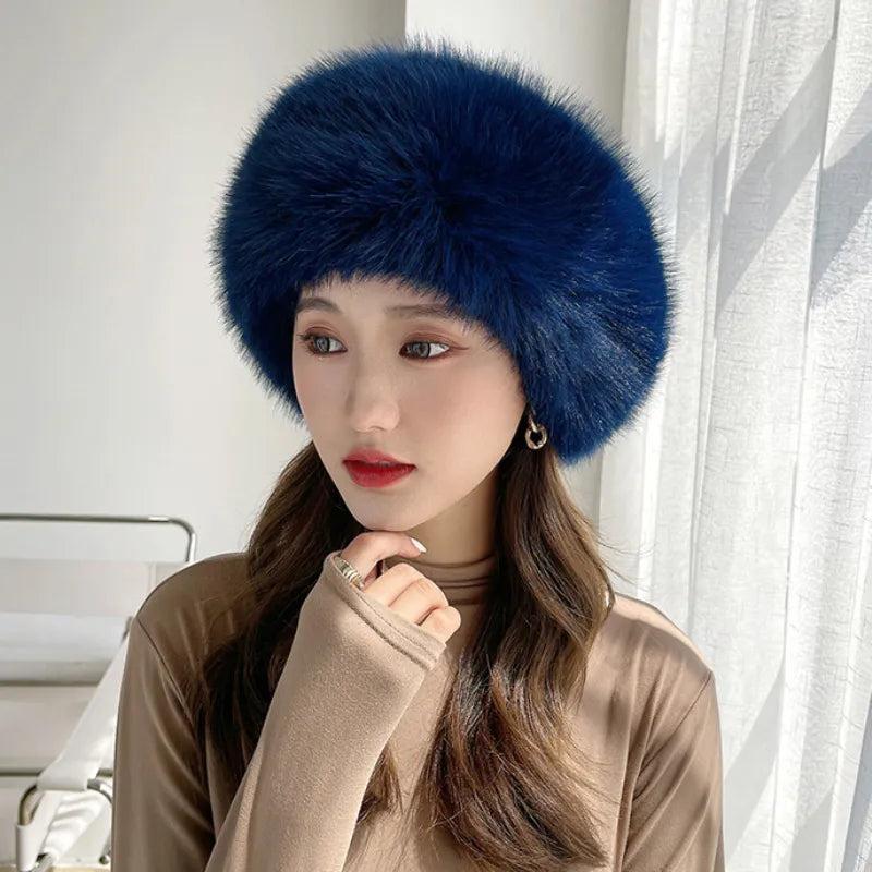 Soft Cotton Women's Winter Faux Fur Hat blue by HitMyNeed