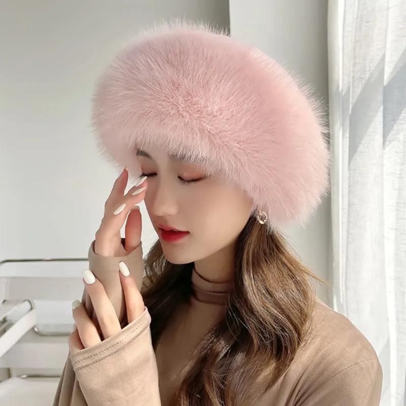 Soft Cotton Women's Winter Faux Fur Hat pink by HitMyNeed