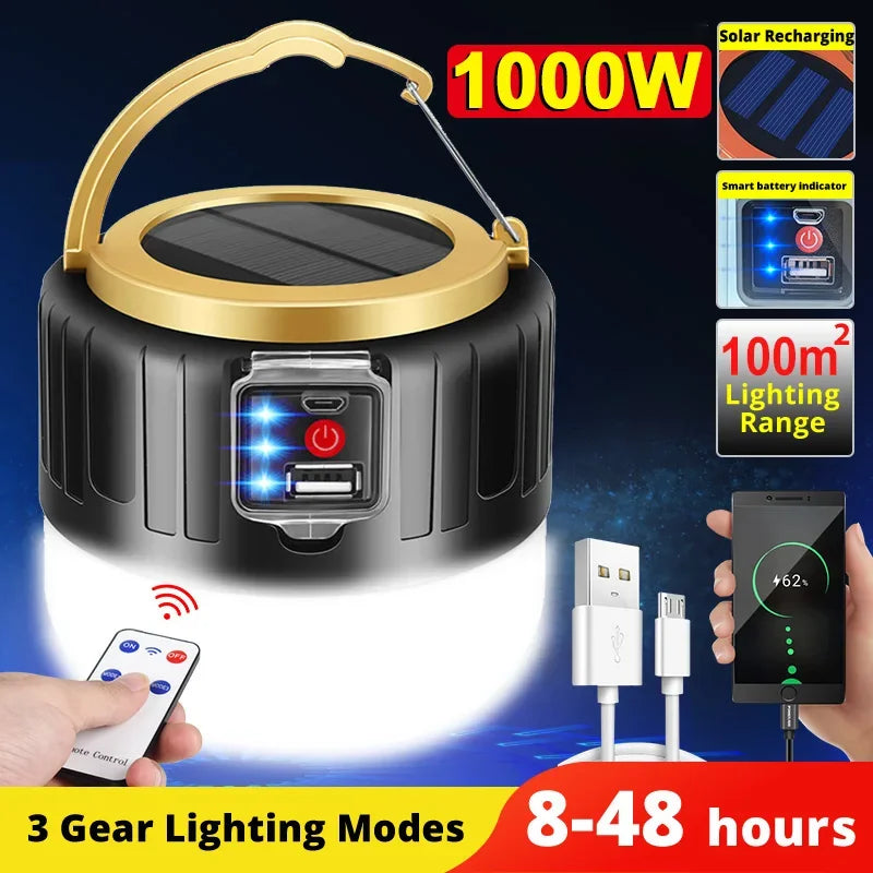 Solar Camping Lantern Power Bank with Remote Control Black by HitMyNeed