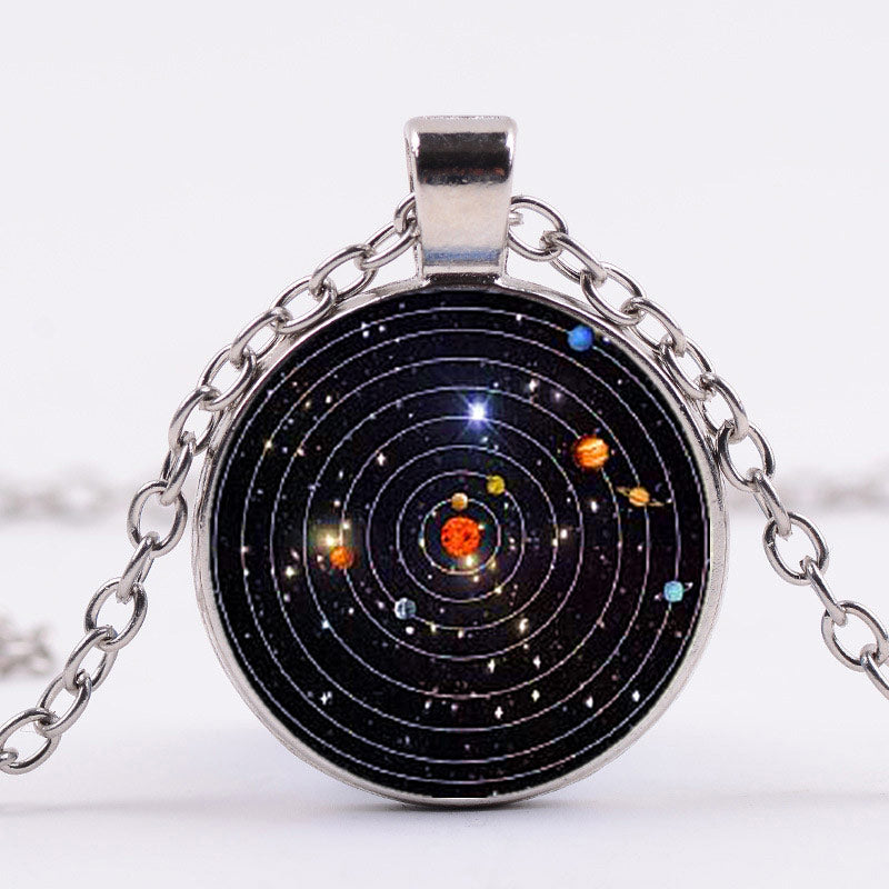 Solar System Galaxy Cabochon Glass Pendant Necklace silver by HitMyNeed