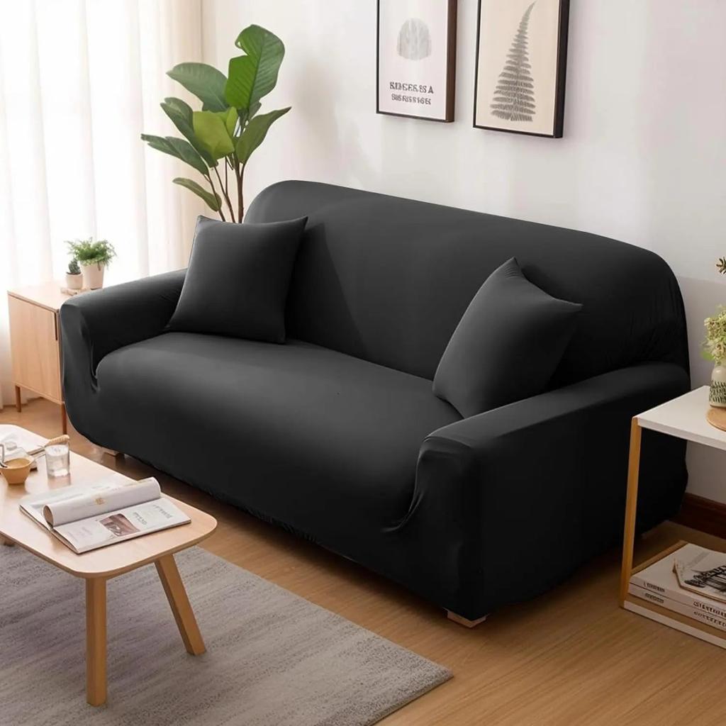 Solid Color Elastic L-Shaped Sofa Covers with Pillowcase black 1-seat-90-140cm by HitMyNeed