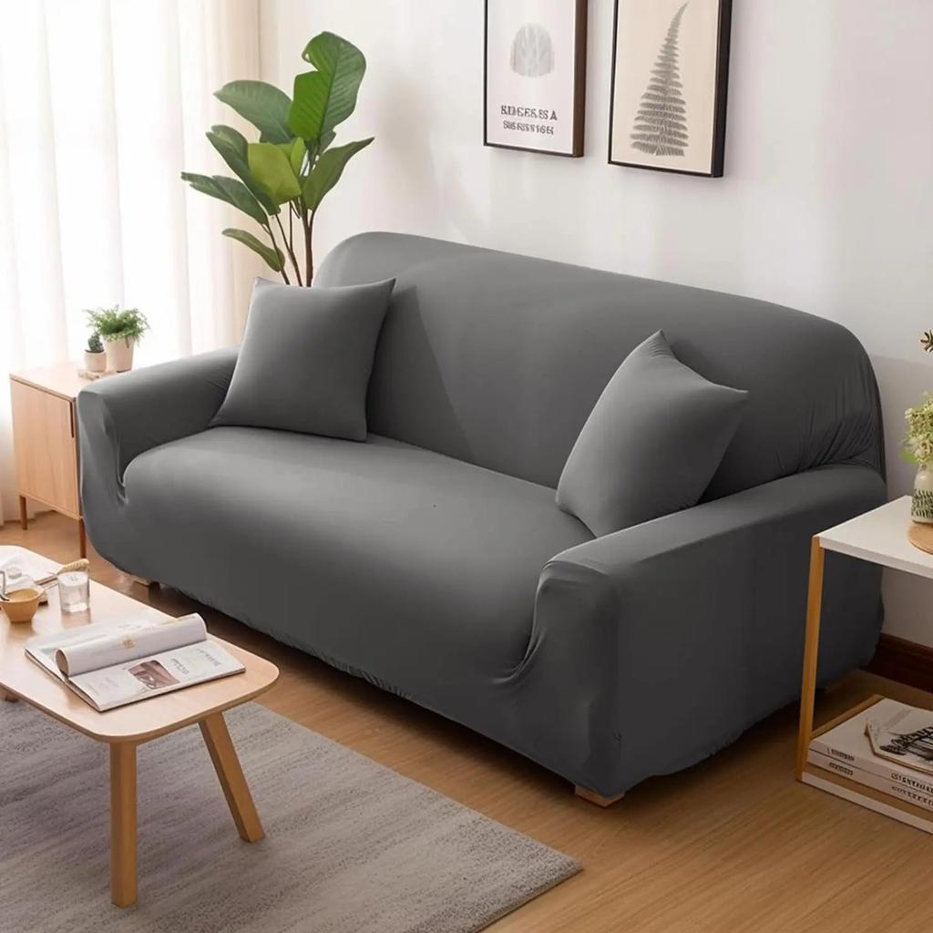 Solid Color Elastic L-Shaped Sofa Covers with Pillowcase grey 2-seat-145-185cm by HitMyNeed