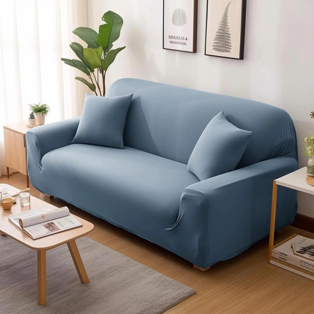 Solid Color Elastic L-Shaped Sofa Covers with Pillowcase grey-blue 3-seat-and-3-seat by HitMyNeed