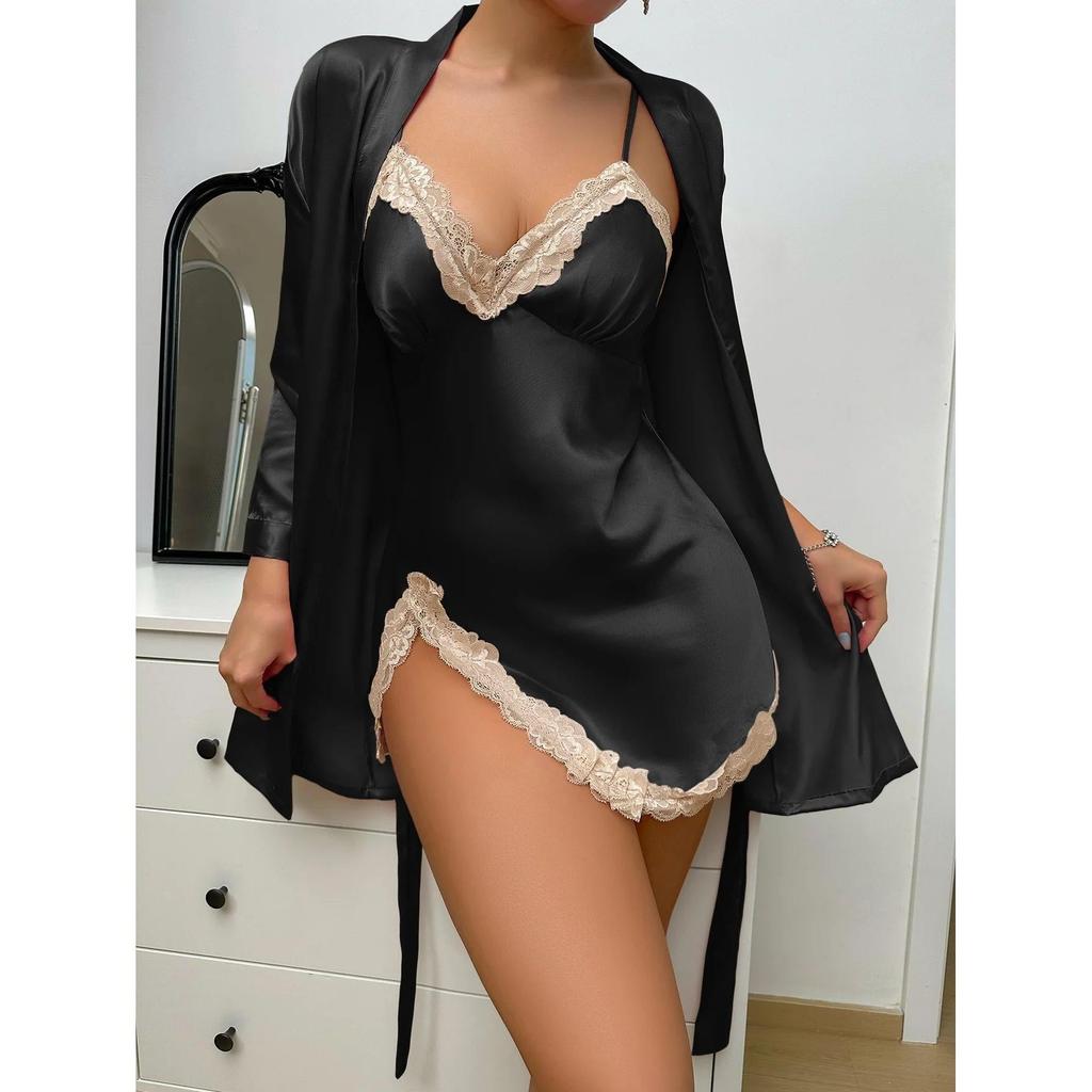 Solid Satin Pajama Set with Robe & Lace Slip by HitMyNeed