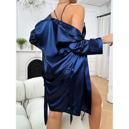 Solid Satin Pajama Set with Robe & Lace Slip by HitMyNeed