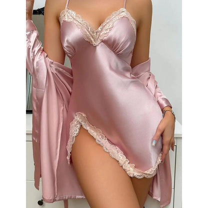 Solid Satin Pajama Set with Robe & Lace Slip pink s by HitMyNeed